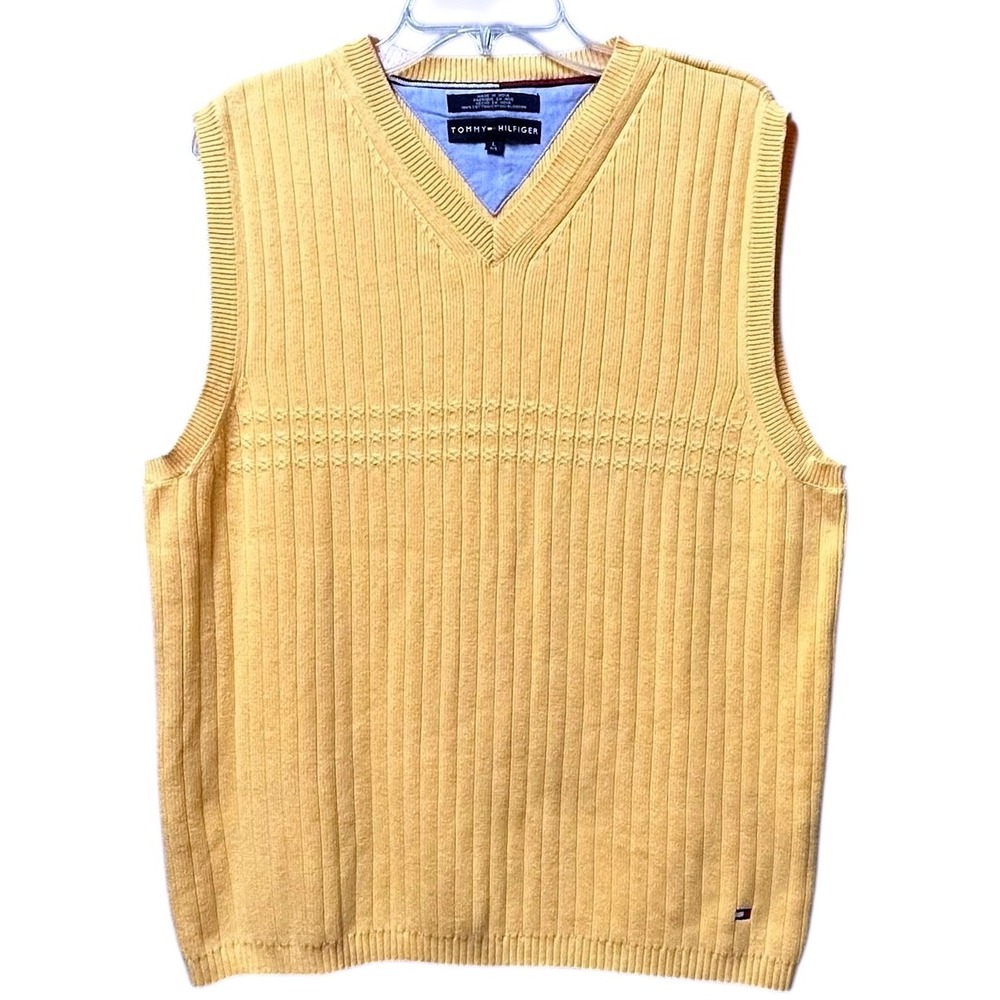 Tommy Hilfiger Men's Yellow V-Neck Knit Sweater Vest Size Large Cotton‎ Preppy